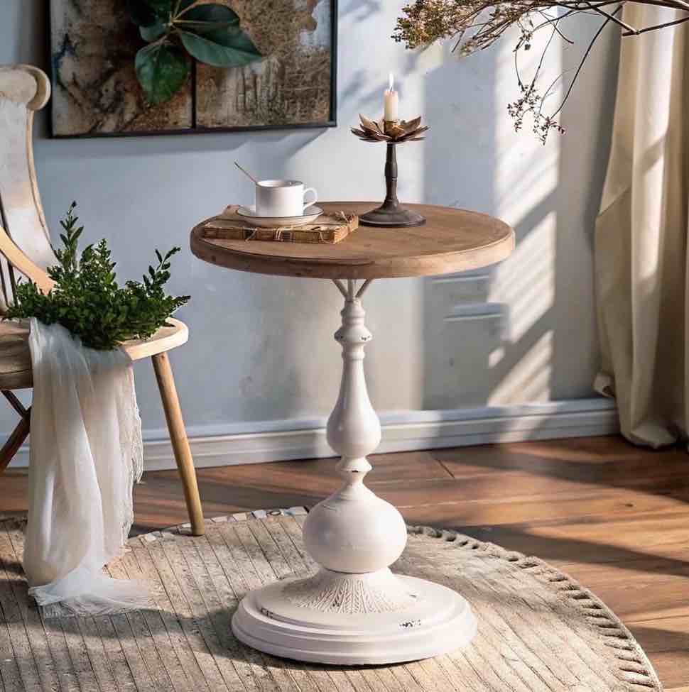 yuilili vintage round side table living room, rustic french country end table, farmhouse round table cedar wood accent table for bedroom, entryway, home decor white