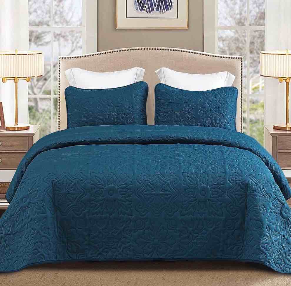 whale flotilla queen quilt set  soft embossed bedding set  lightweight bedspread coverlet with damask vintage pattern  reversible bed cover for all seasons  blue