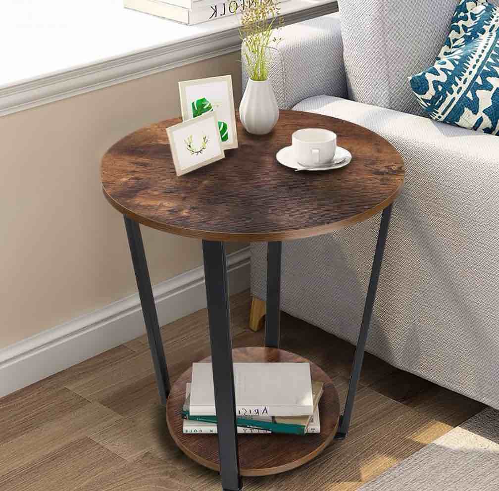 small round 2 tier wooden side end table for small spaces bedroom living room accent tables nightstand 22 inch height, brown and black frame