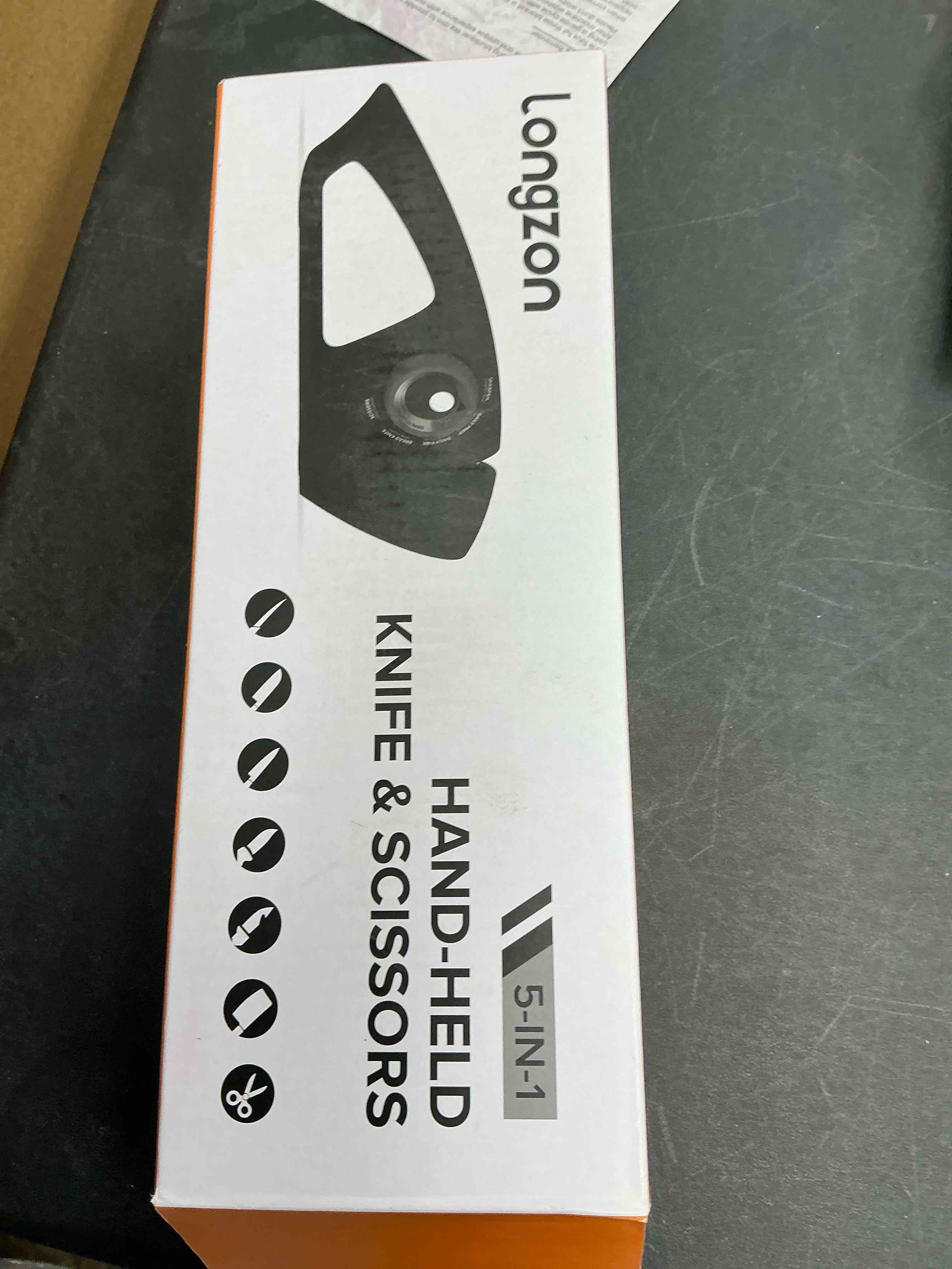 Condition photo showing New/Like New for Longzon 5-in-1 Knife Sharpener 5 Stage for Serrated Knives, Scissors with Cut-Resistant Glove,Original Premium Polish Blades,Best Kitchen Knife Sharpener Repair & Restore Pocket Knife, Chefs knife Black+Grey