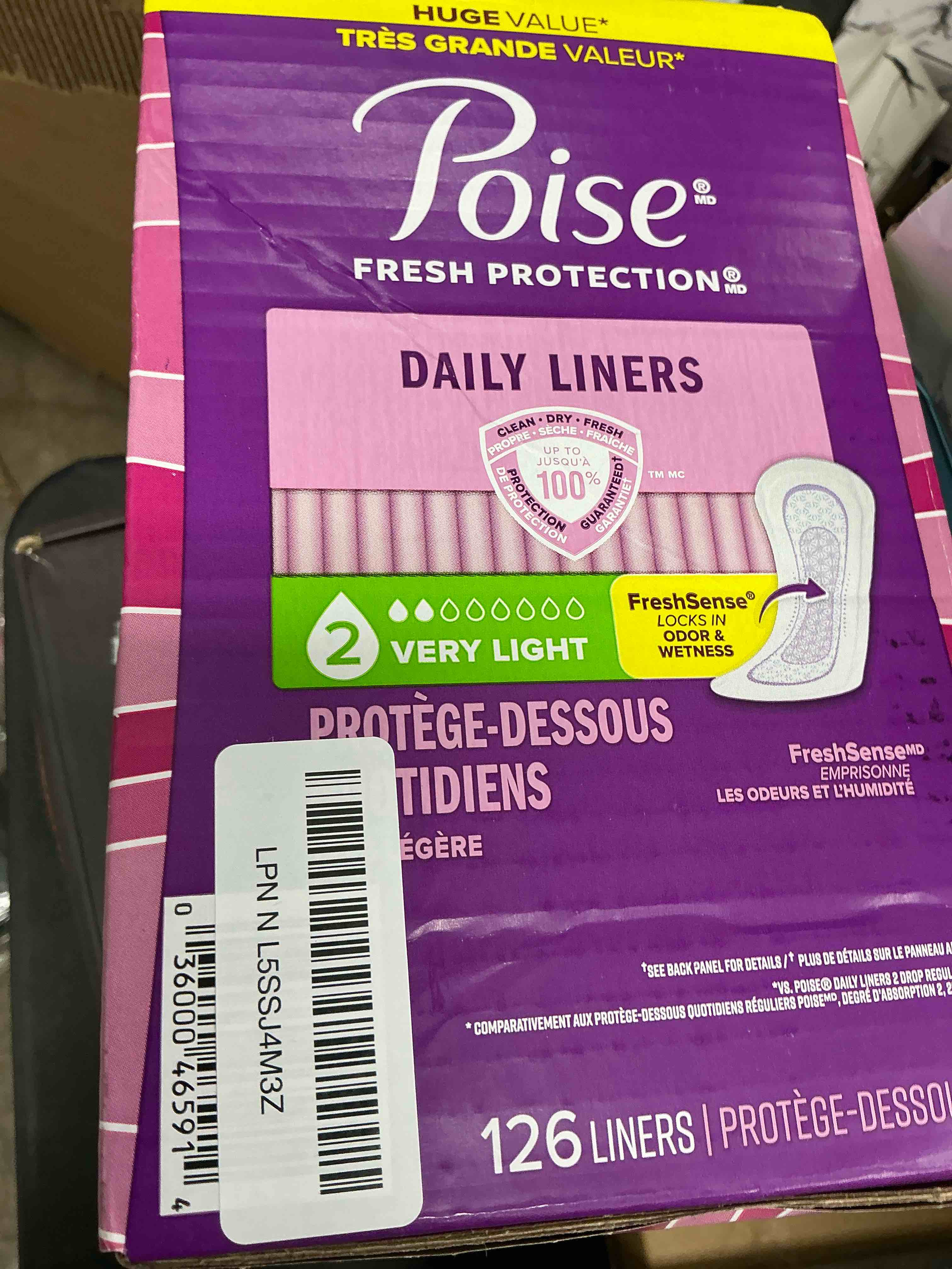 Condition photo showing New/Like New for Poise Daily Liners, Incontinence Panty Liners for Bladder Leaks, 2 Drop Very Light Absorbency, Regular Length, 126 Count of Pantiliners, Packaging May Vary