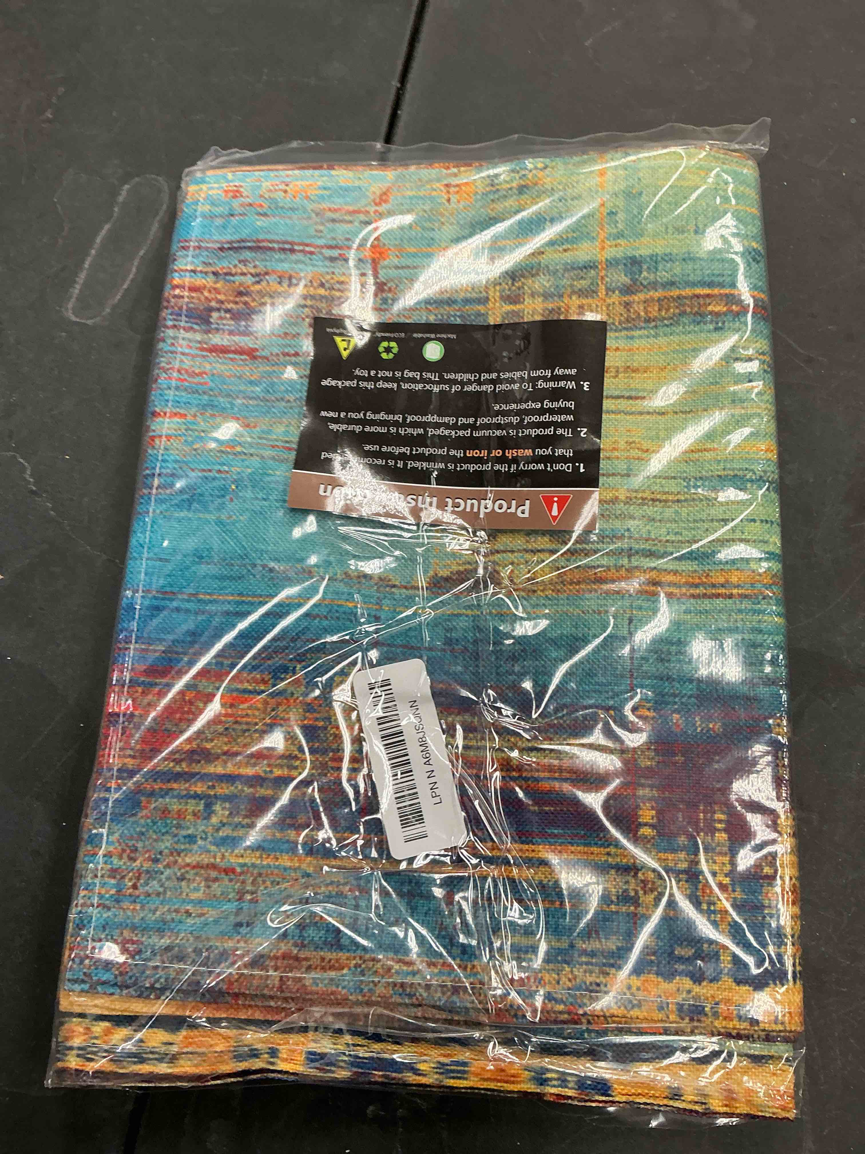 Condition photo showing New/Like New for Emvency Blue Orange Table Runner and Placemats Set of 6, Vintage Abstract Messy Rust Painting Art Dining Decor for Daily Use(1 Table Runner 72 inches Long and 6 Placemats)