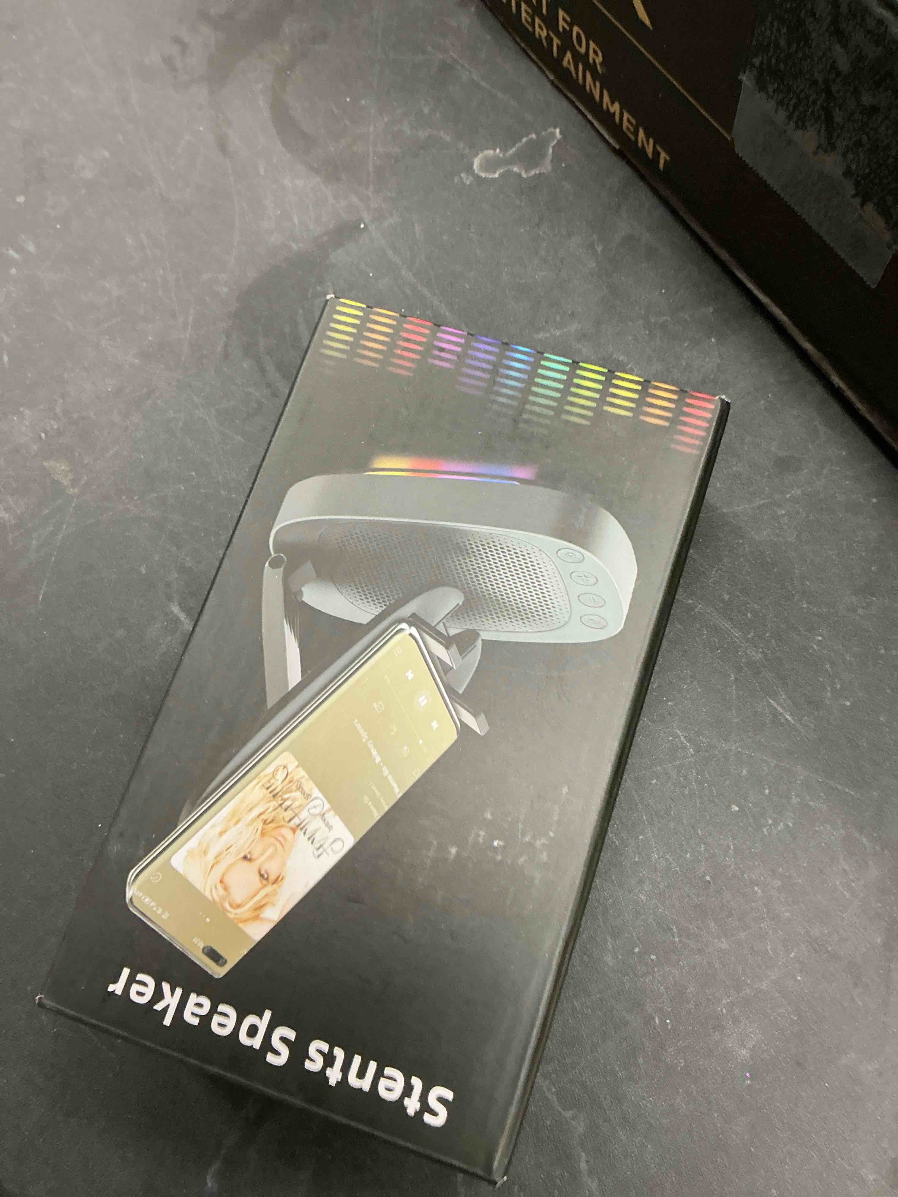 Condition photo showing New/Like New for Cell Phone Stand with Wireless Bluetooth Speaker, Unique Gifts for Men/Women, Adjustable Phone Holder with 5 LED Light Modes, Anti-Slip Base HD Surround Sound, Phone Speaker Amplifier for iPhone/iPad Black