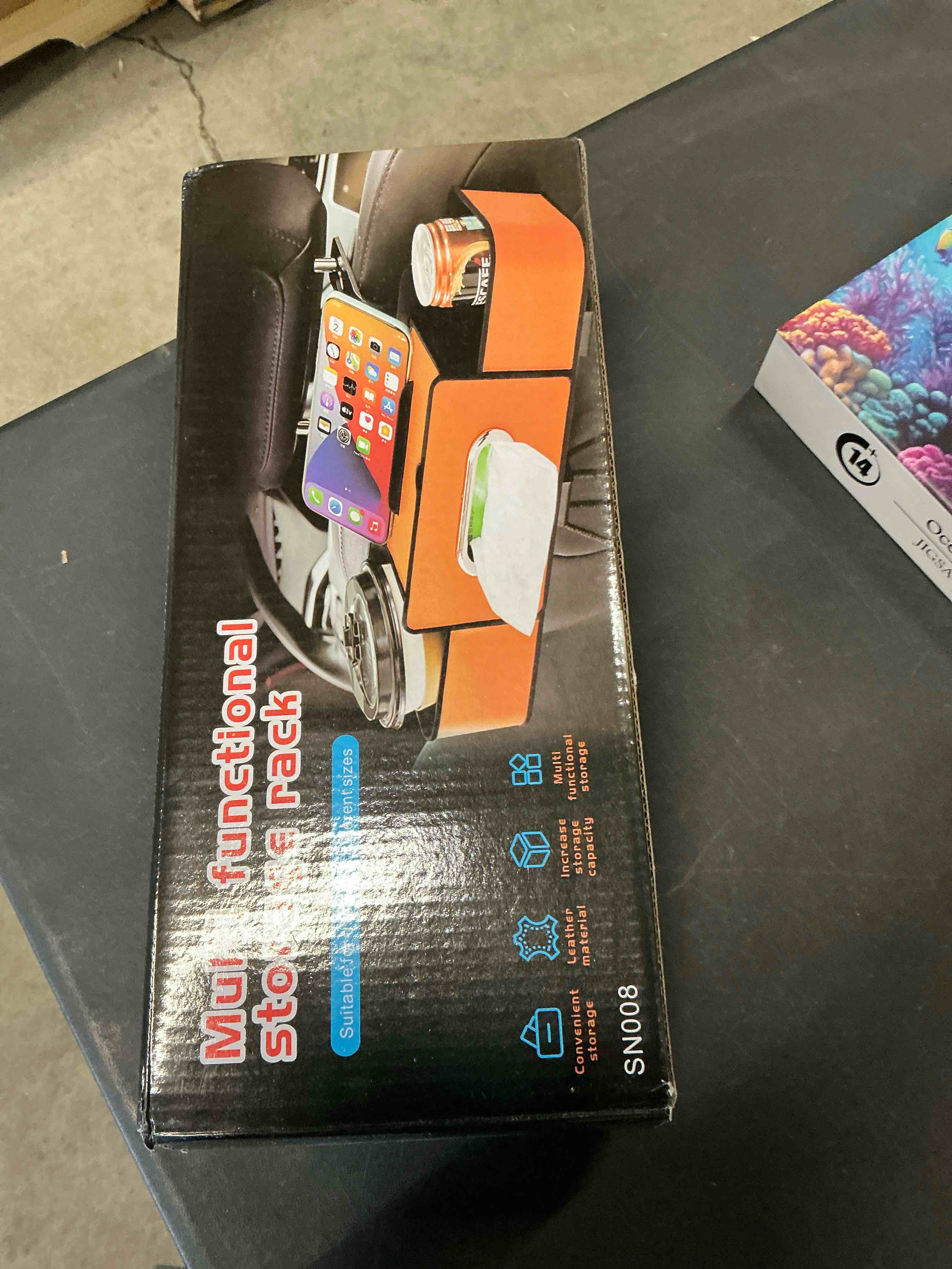 Condition photo showing Good Condition for Car Back Seat Organizer with Tissue, Car Seat Back Tissue Box and Storage Hook, Multifunctional Car Organizer for Hold Phone,Drinks,Handbag,Compatible with Most Vehicles (Black)