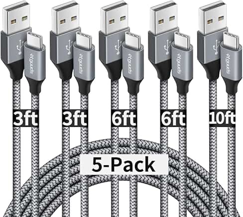 etguuds USB A to USB C Cable 5-Pack (3/3/6/6/10 ft), Fast Charging Type C Charger Cord for iPhone 17 16 15 Pro Max Plus Air, Samsung Galaxy S25 S24 S23 S22 S21 S20 A56 A17 A16, Pixel, Moto G, Gray 3FT 3FT 6FT 6FT 10FT Gray