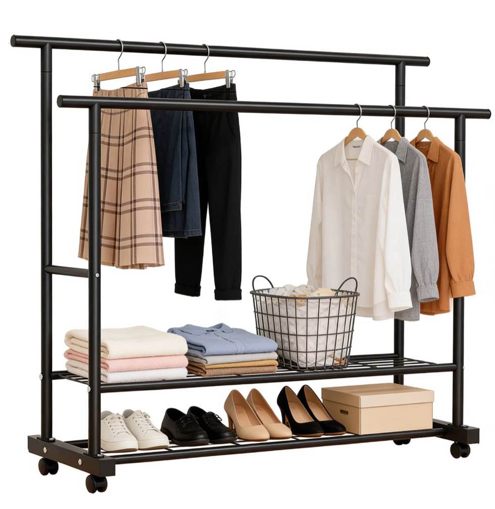 SUSUZI Double Rods Garment Rack with Wheels  2 Tier Clothing Rack for Hanging Clothes