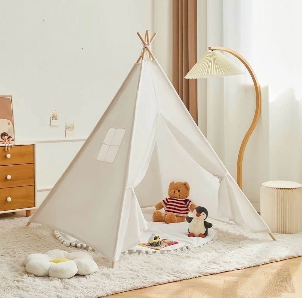 KOPPOP Kids Teepee Play Tent - Natural Cotton Canvas Foldable Indoor/Outdoor Playhouse for Toddlers Ages 2-6 (White, Boys & Girls).