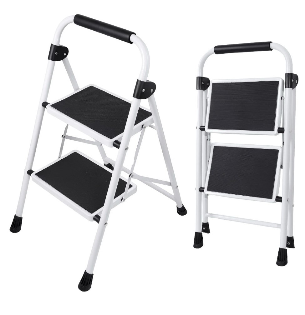 edx 2-Step Folding Step Stool for Adults - 330 Lbs Capacity, Sturdy Steel Frame, Wide Non-Slip Pedal & Top Handrail, Lightweight Portable Ladder for Home Kitchen, Black