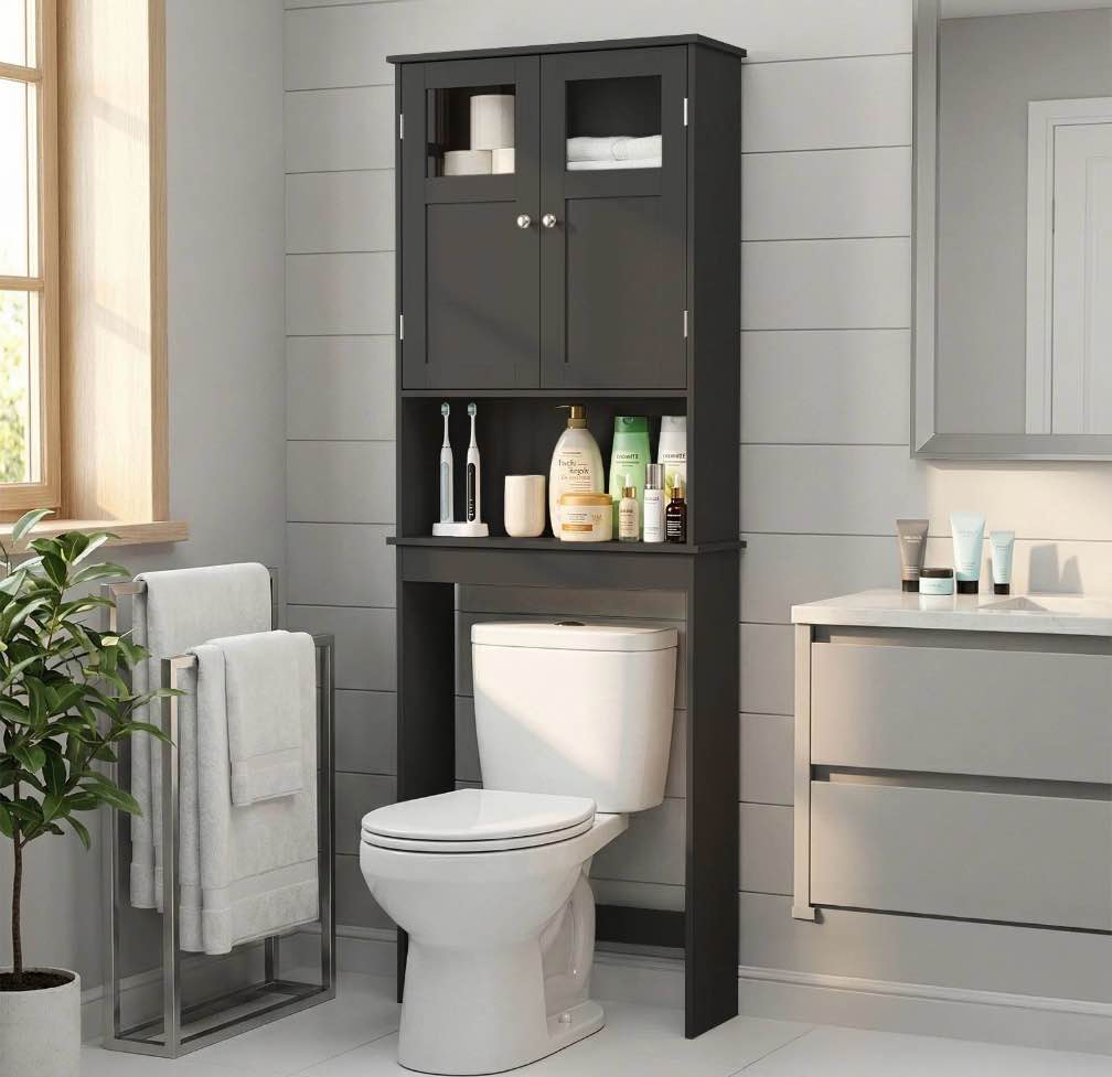 Condition photo showing New/Like New for Ktaxon Over the Toilet Bathroom Storage Cabinet  with 2 Doors & 3 Storage Shelves Space Saver, Black