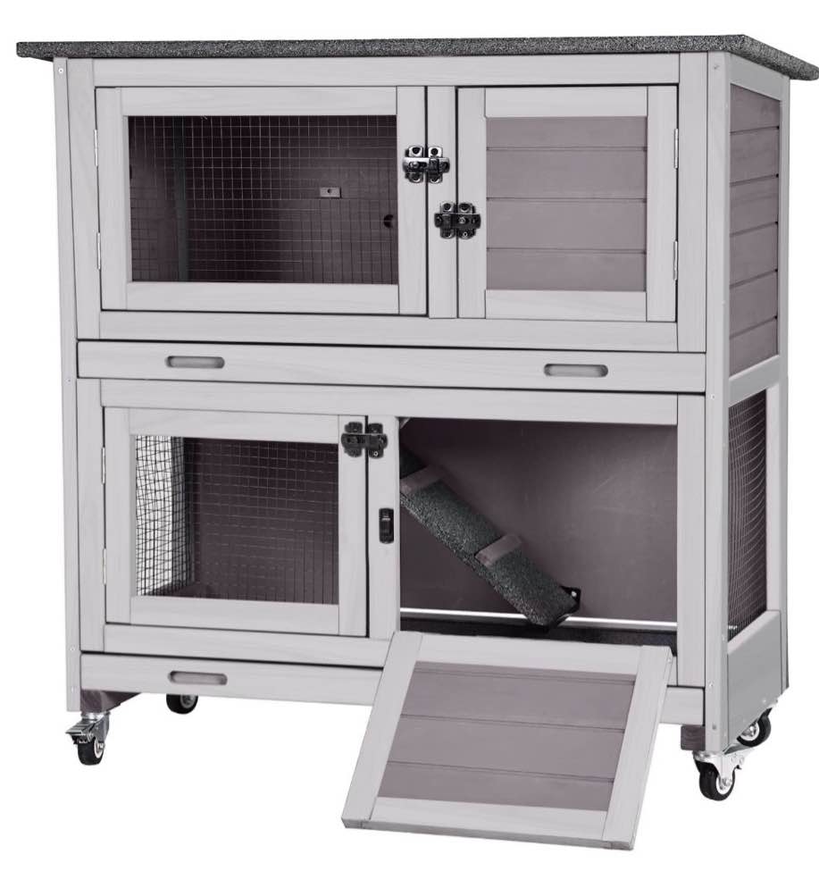 AIVITUVIN Rabbit Hutch Bunny Cage Outdoors & Indoors with Wheel  Two Layer Guinea Pig House