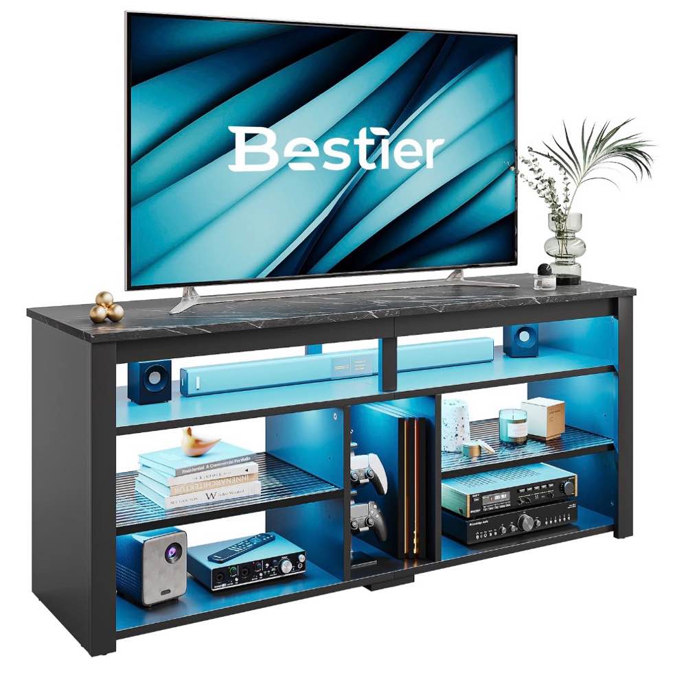 Condition photo showing New/Like New for Bestier Led Tall Tv Stand For Tvs Up To 65", Entertainment Center With Storage, Tv Console For Bedroom, Black Marble