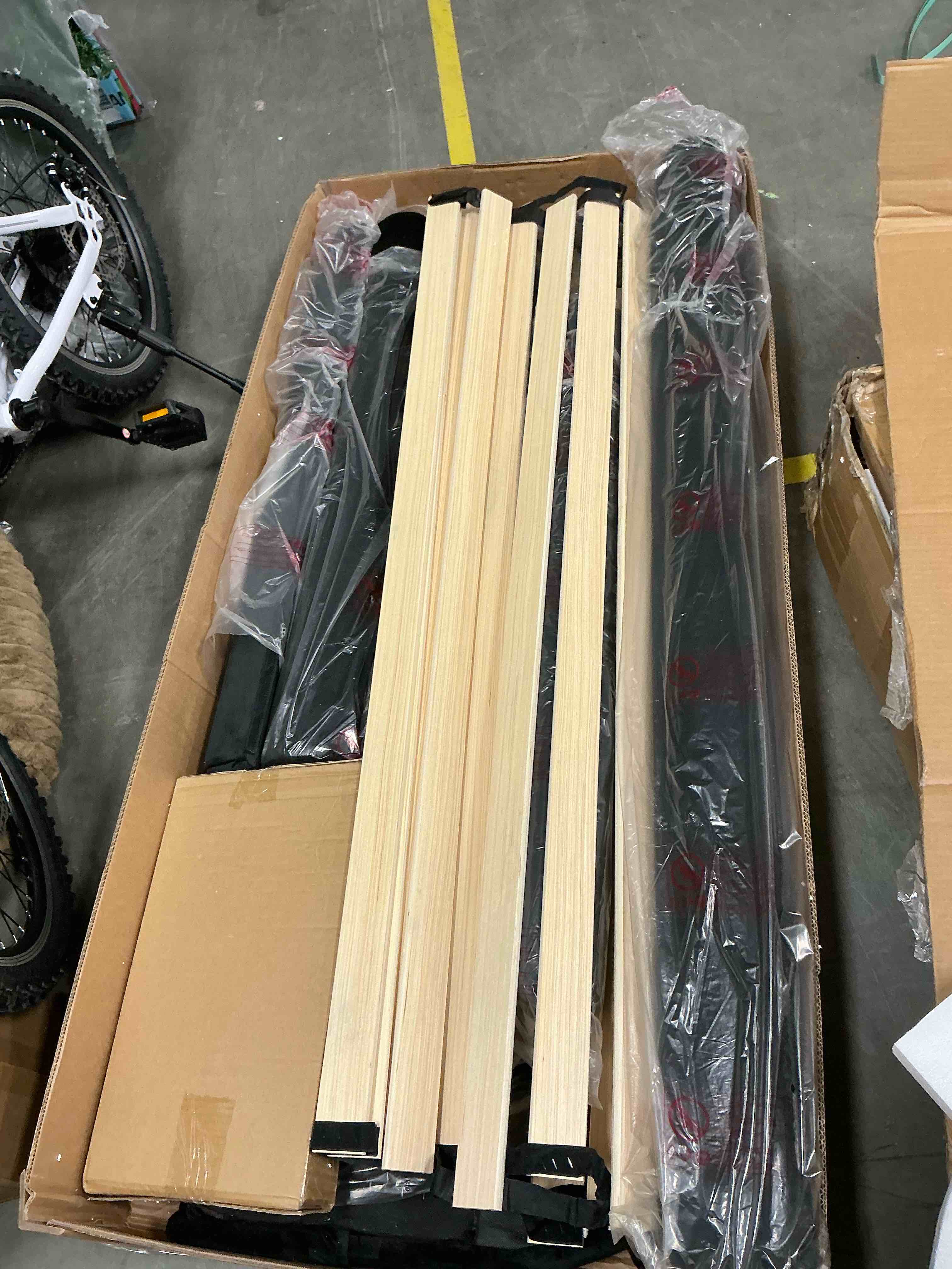 Condition photo showing New/Like New for Anyact Full Size Floating Bed Frame with Led & Charging Station, Velvet Upholstered Bed Frame with Floating Metal Platform Bed, Black