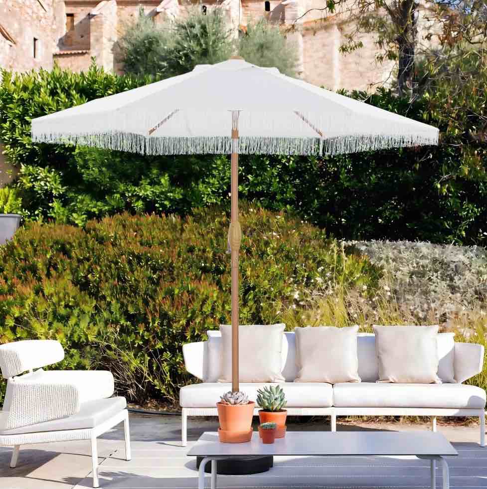Autlaycil 7.5FT Tassels Patio Umbrella Fringe Outdoor Table Umbrella with Push Button Tilt and Crank (White)