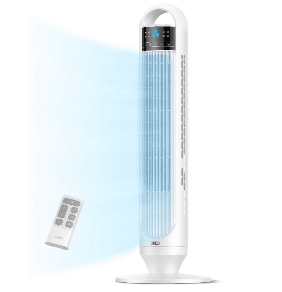 DREO Tower Fans for Home, 32" Standing Floor Fan, 26 Ft/S Bladeless Fan with Remote, 90° Oscillating, 3 Modes, 3 Speeds, LED Display, 8H Timer, Quiet Room Fan