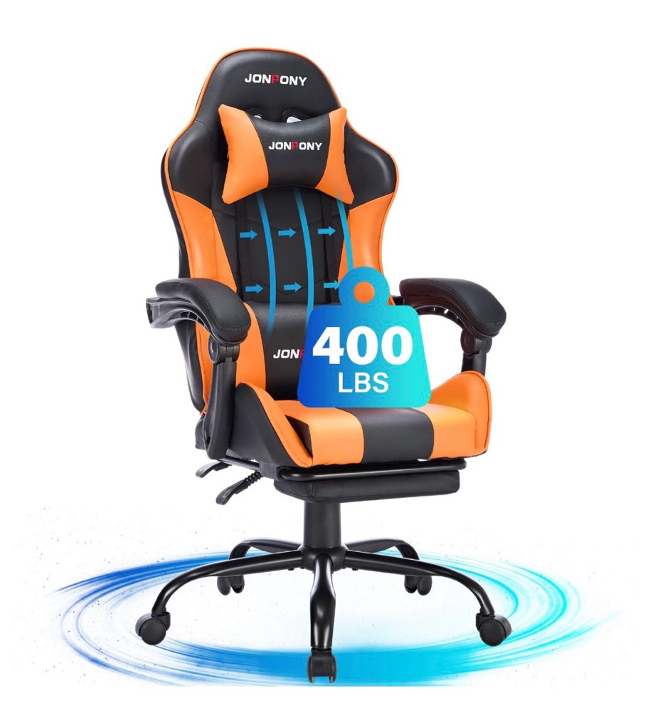 jonpony big and tall 400lbs gaming chair, ergonomic design, gamer chair pu leather with footrest and lumbar support, high back office chair support 8 hours long sitting, computer chair,orange