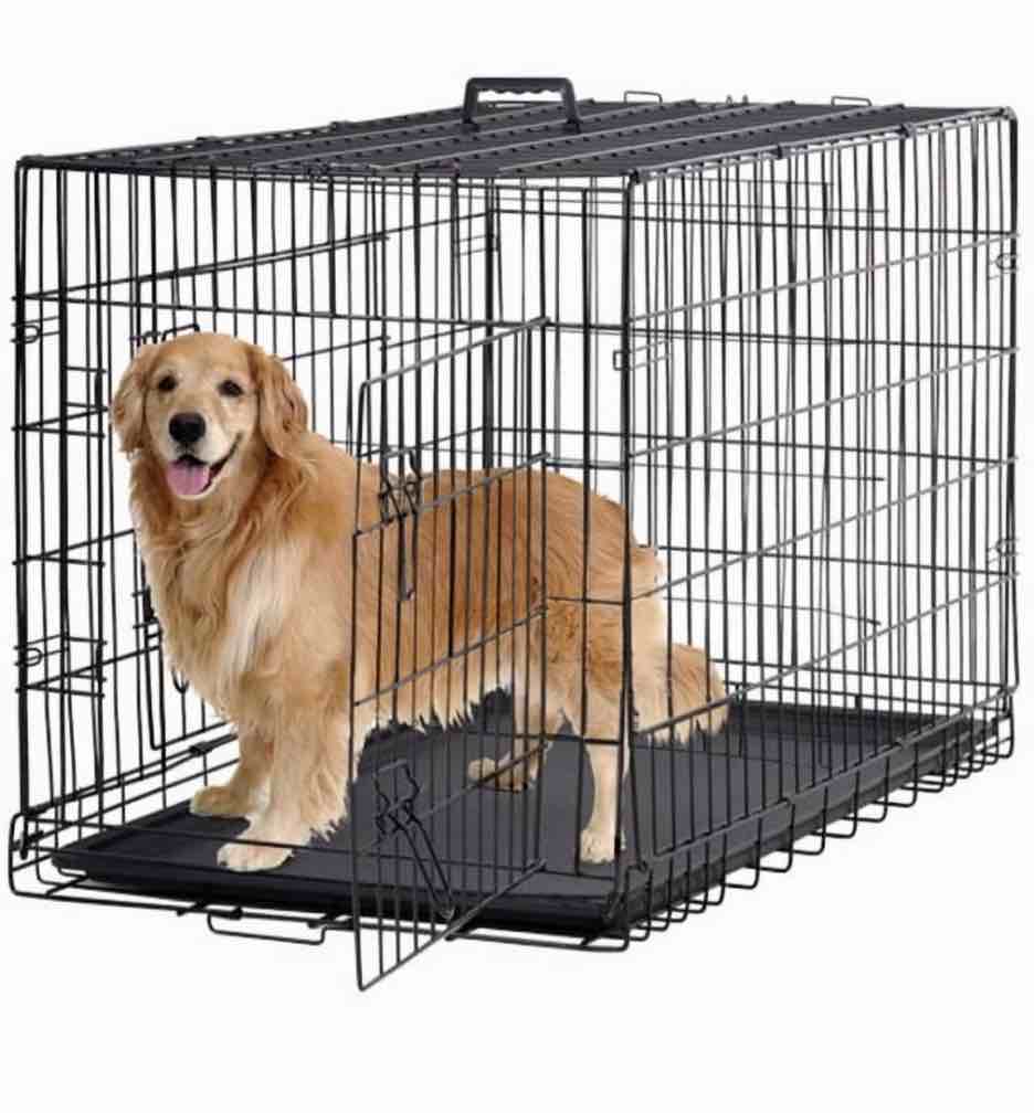 bestpet 48 inch foldable metal dog crate for large dogs double door divider removable tray(black)