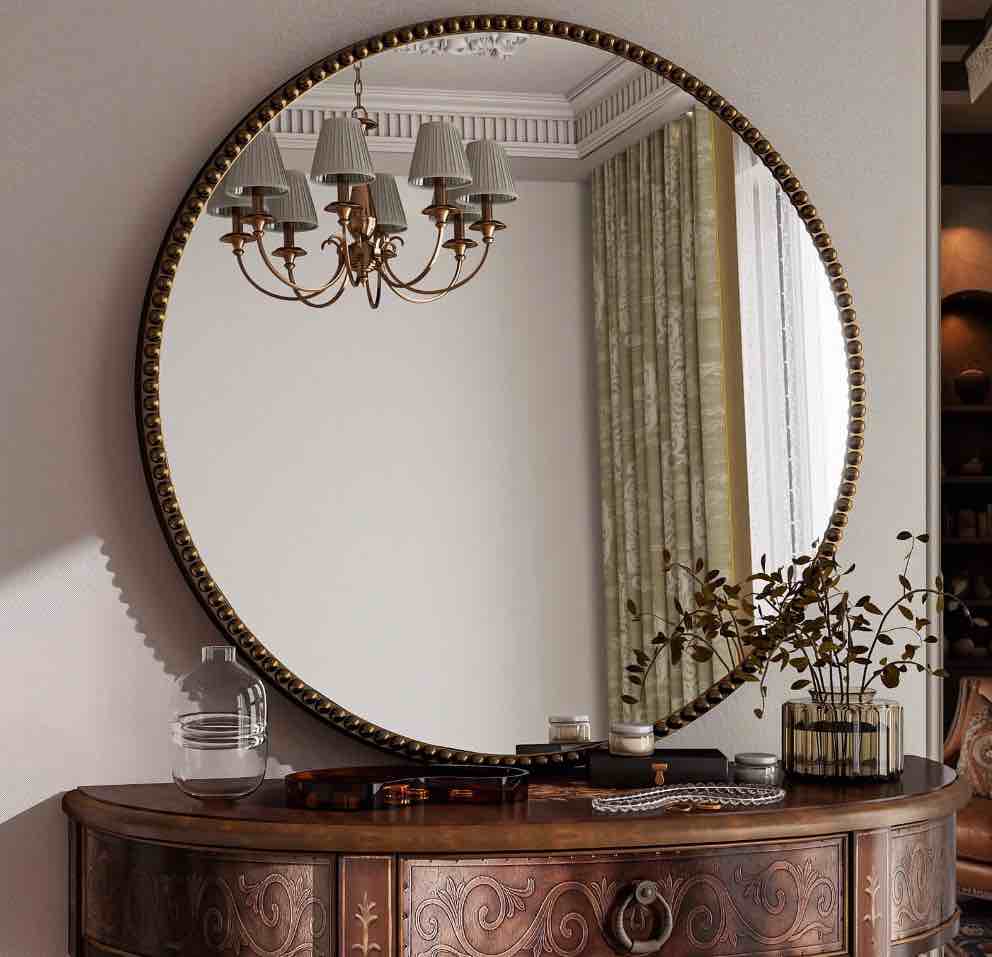 beautypeak 24" round bathroom mirror vanity mirror wall mounted with beaded frame,antique bronze