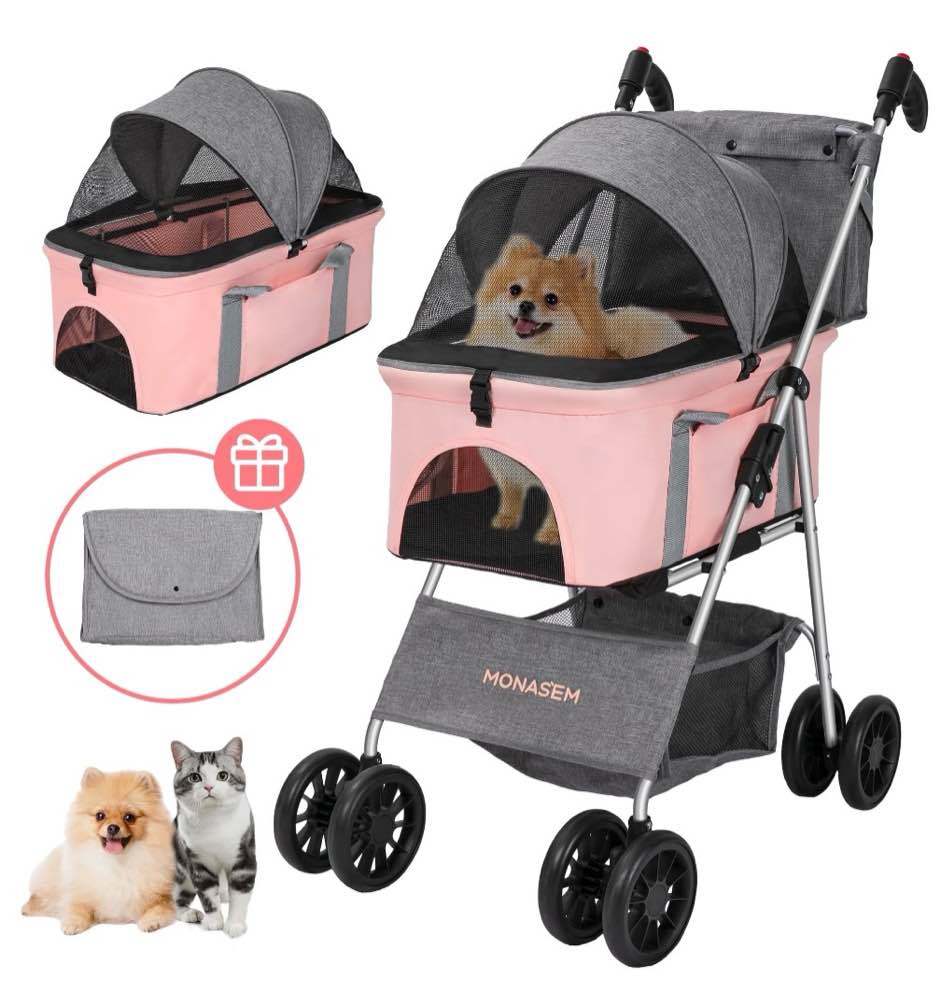 monasem 3 in 1 pet stroller 4 wheels foldable cat dog stroller with storage basket and canopy,detachable pets carrier,up to 60lbs, pink