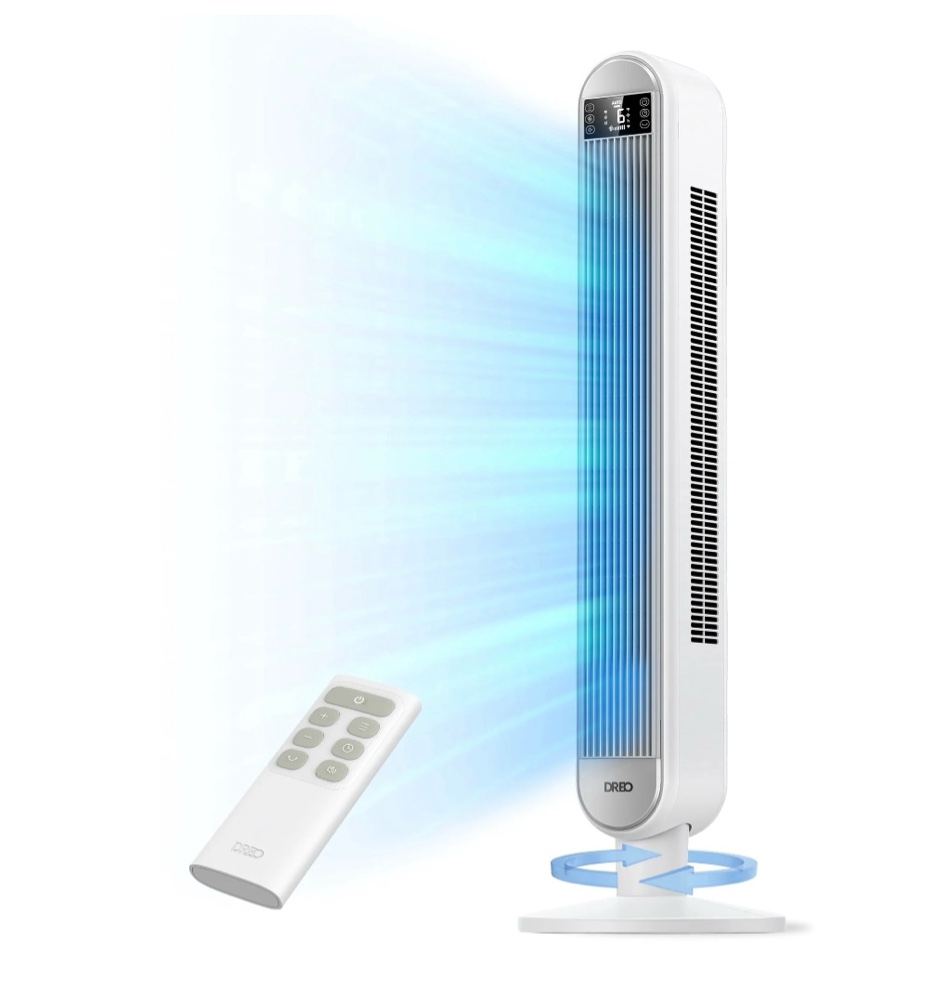 dreo tower fan for bedroom, 42 inch bladeless fan, 90° oscillating fan, quiet floor fan with remote, led, 6 speeds, 4 modes, 12h timer, standing fans for home living room office, white