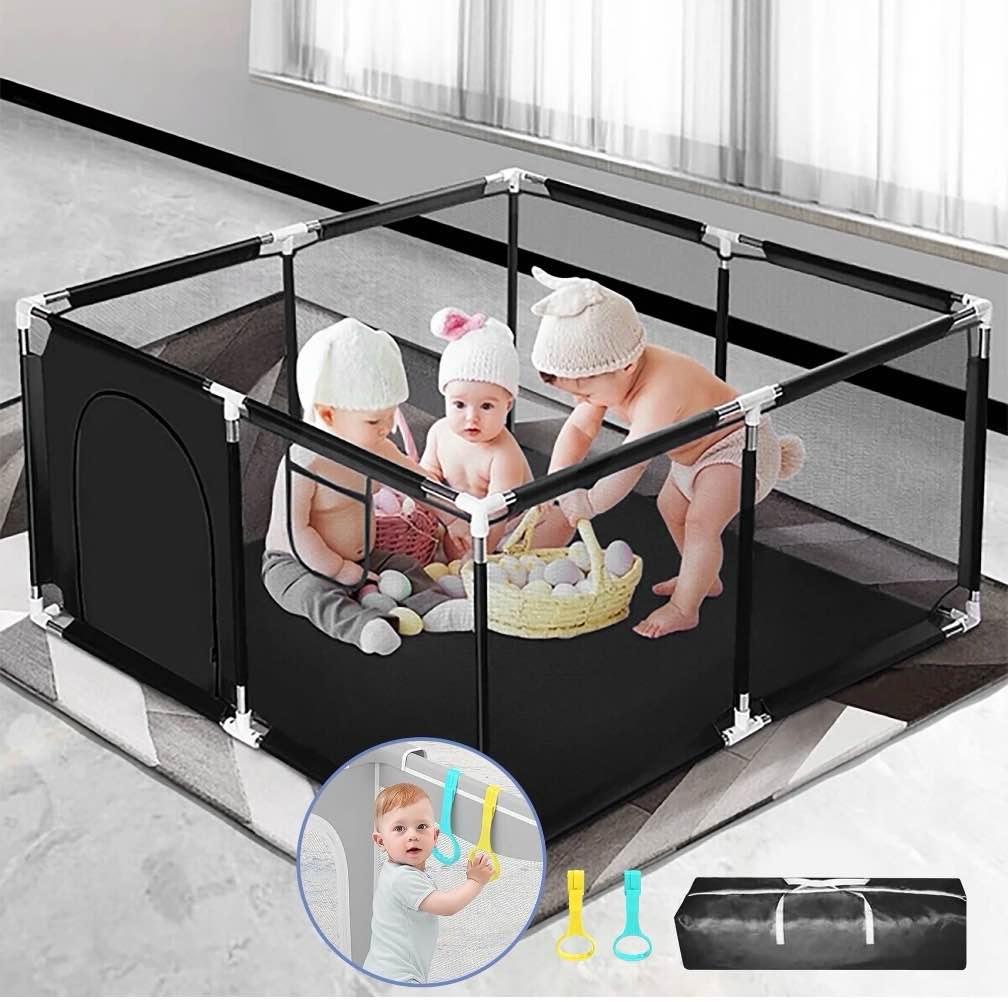 baby playpen, outdoor play yard, portable play yard 4-panel- baby safety playpen for infant toddler black