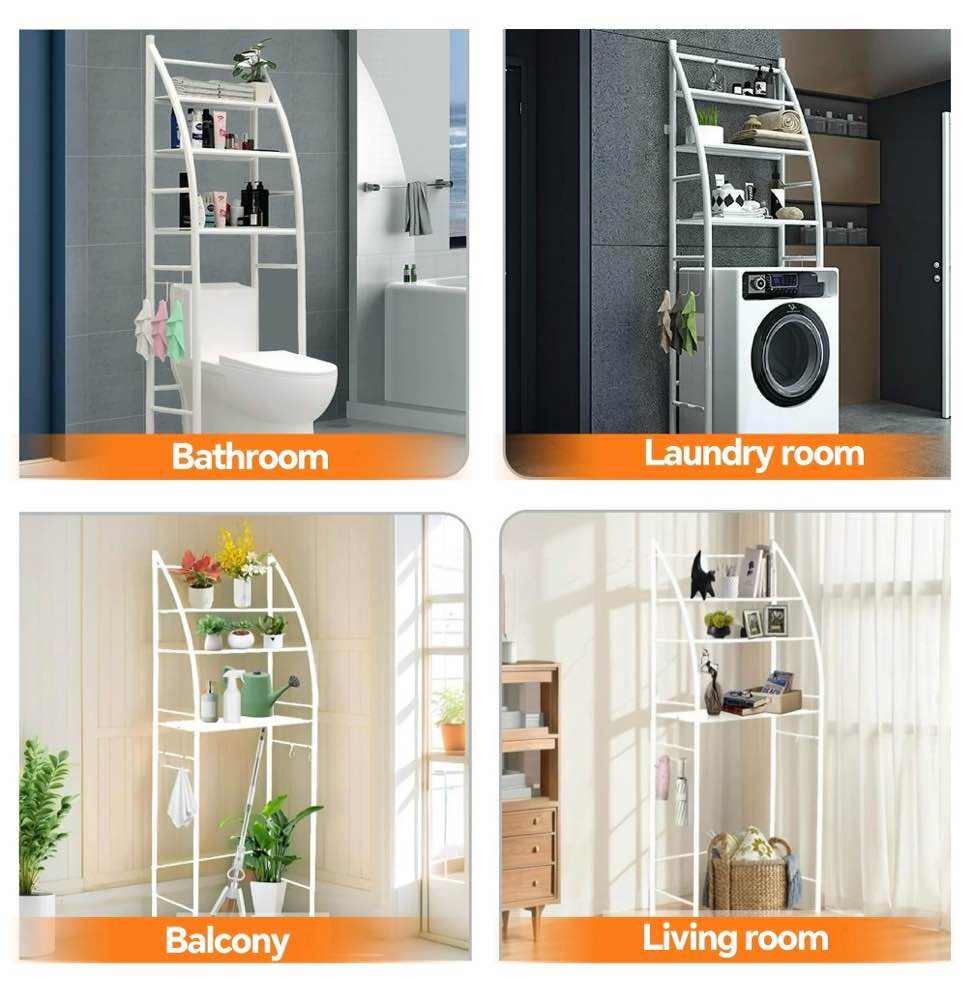 hioha 3-tier over toilet storage rack with toilet paper roll holder & 4 hooks, steel bathroom space saver organizer, white