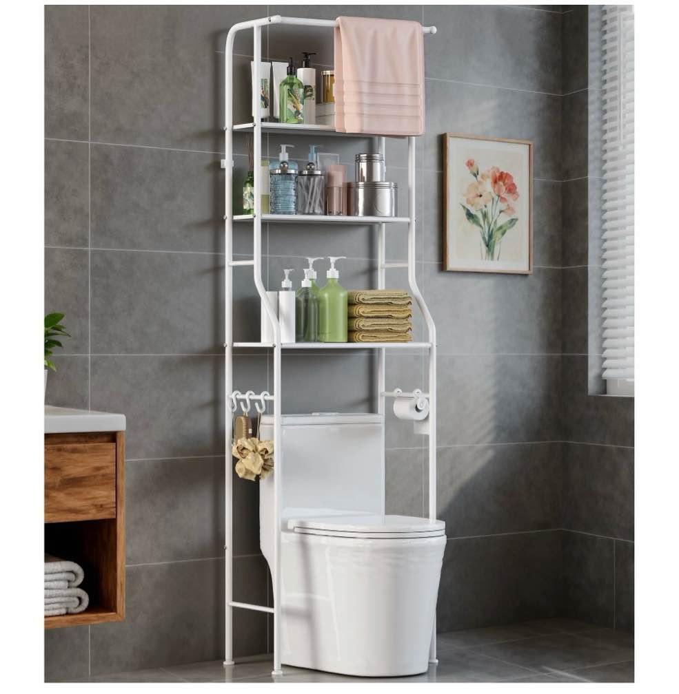riousery over the toilet storage rack, 3 tier bathroom shelf with hanging rod, freestanding space saver, white