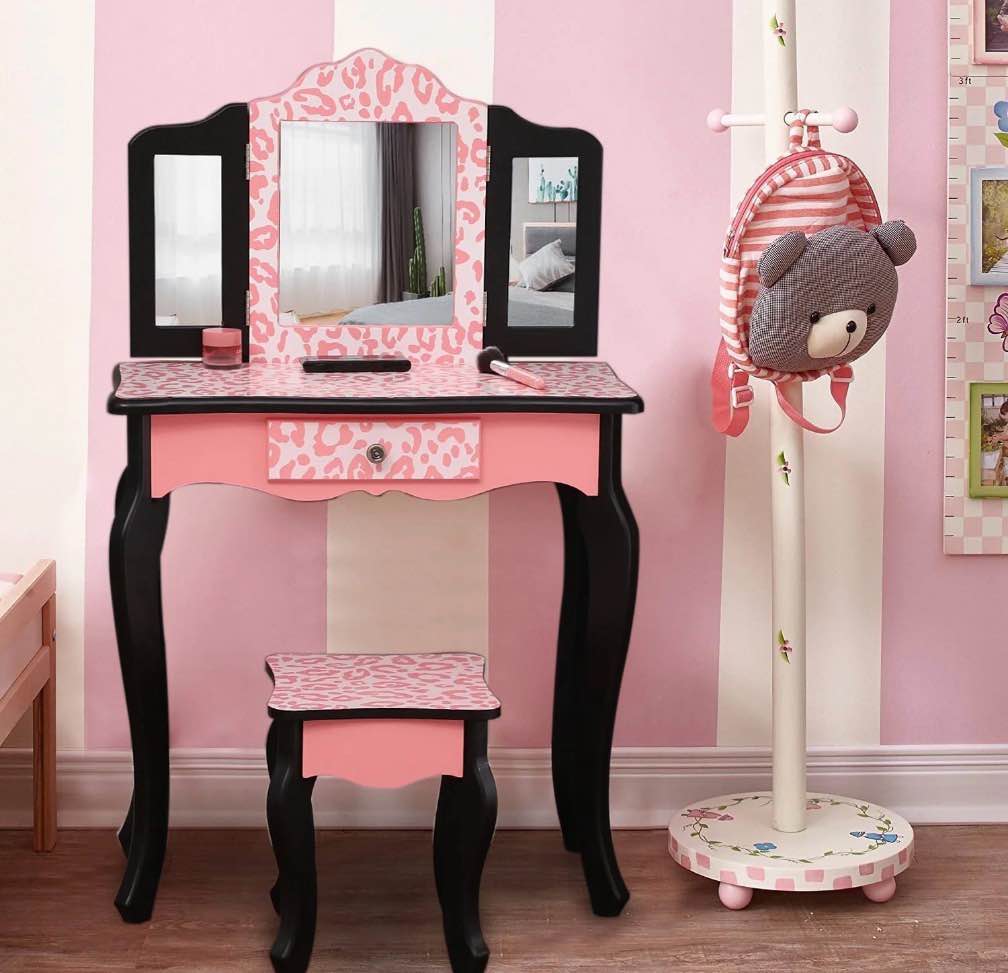 ktaxon kids  wooden vanity table and stool set with 3 mirrors  princess makeup dressing table children s furniture