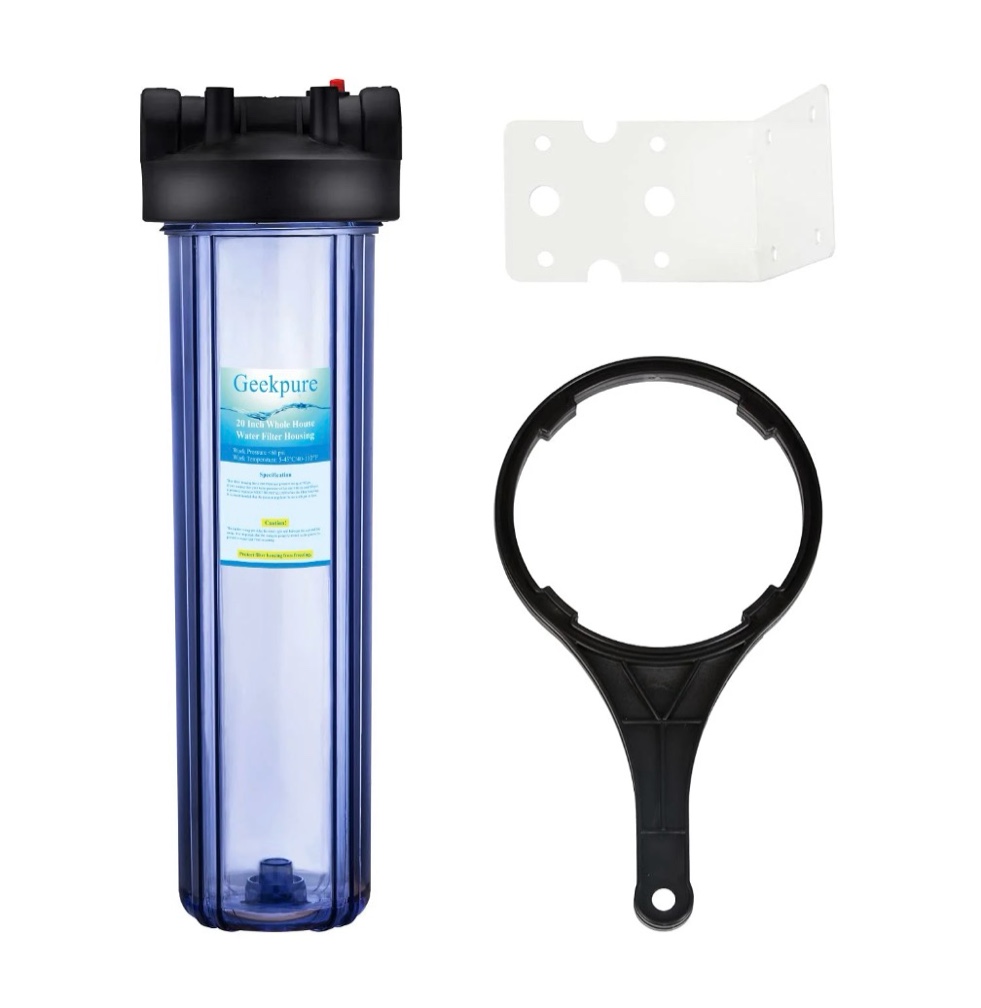 geekpure 20 inch clear whole house water filter housing with wrench bracket -4.5  x 20  - 1  npt brass port
