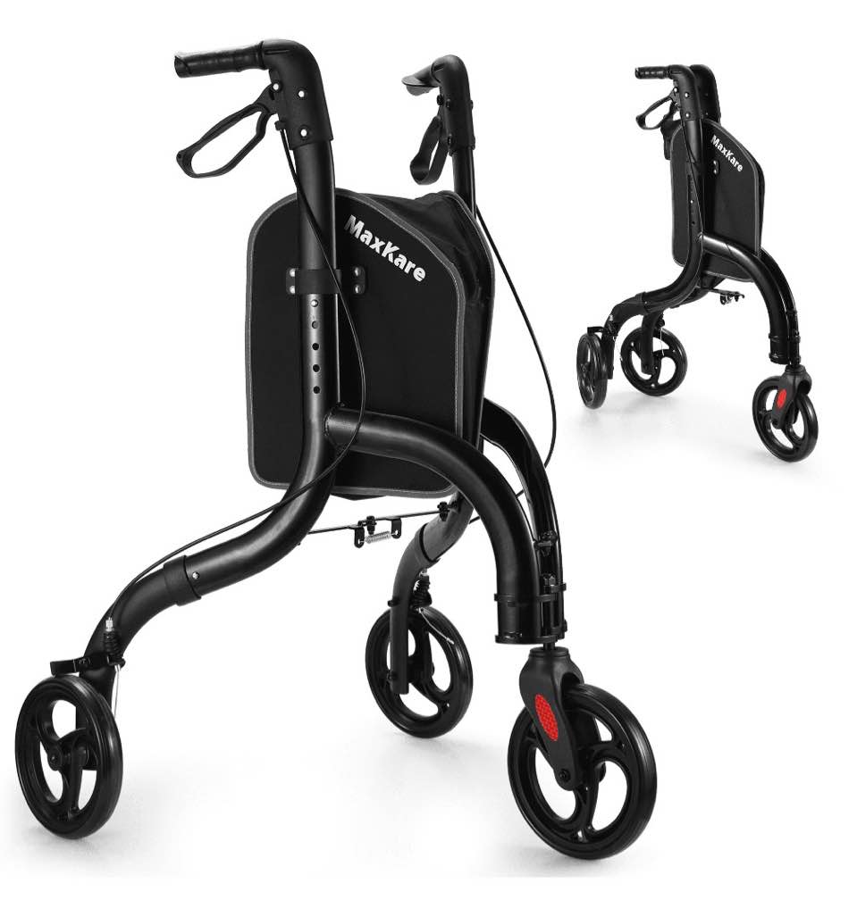 maxkare folding rollator walker with large storage bag and brake handle, 3-wheel rolling walker for seniors, lightweight, height adjustable, supports