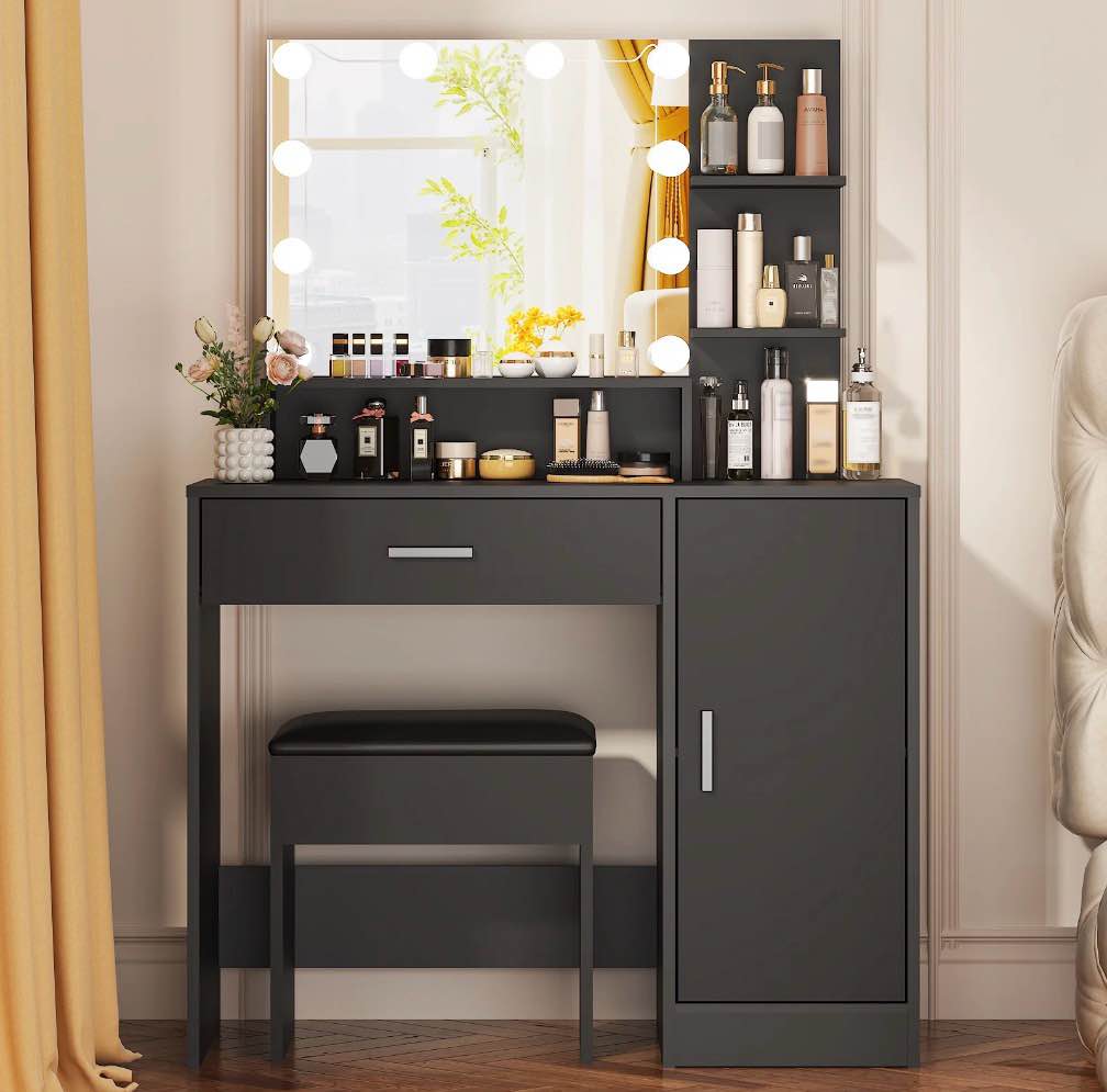 ktaxon vanity set with 3 color lighted mirror, makeup table with 3 storage shelves & drawers, dressing table makeup desk with stool,black