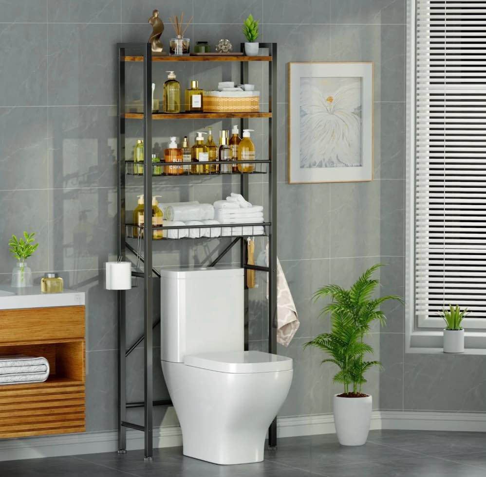 capri 4-tier over-the-toilet storage shelf, bathroom organizer shelf over toilet, freestanding space saver rack with adjustable shelf and basket, rustic brown