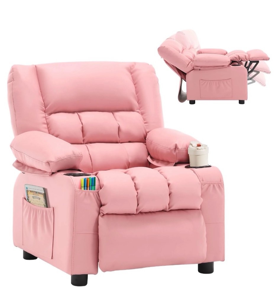 jonpony kids recliner chair,push back toddler recliner with cup holders & side pockets, adjustable footrest & headrest kids sofa for boys girls 3+ age group, pink