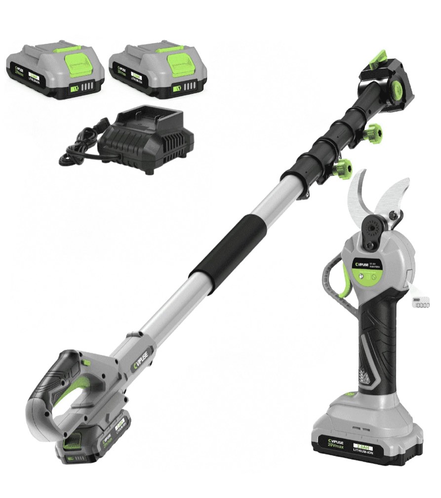 vipuse brushless 2-in-1 cordless pole pruning shear with 2 batteries and fast charger, electric pruner reaches up to 16ft(1.2 inch cutting diameter)