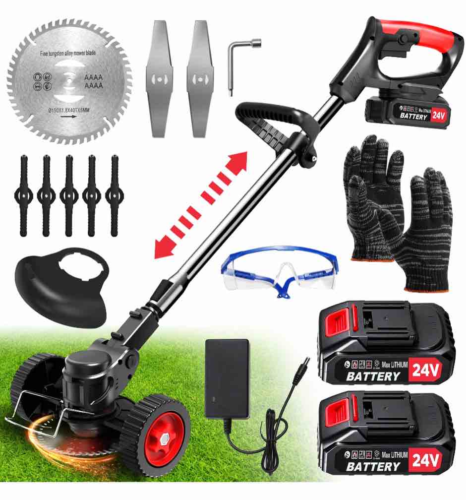 tntants electric weed wacker  cordless string trimmer with wheels  2pcs 24v batteries  3 types of blades  adjustable length  weed eater grass trimmer/edger/brush cutter for lawn yard garden (black)