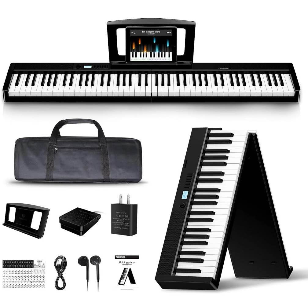 terence 88-key folding digital piano keyboard  weighted  full size with 2x5w speakers  music stand  earphones and sustain pedal