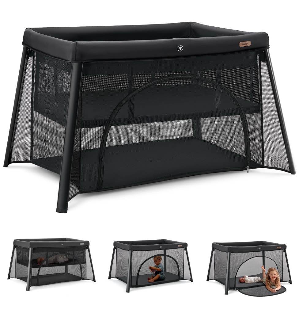 harppa portable travel crib with mattress, foldable playard for baby and toddler, 11lbs, black
