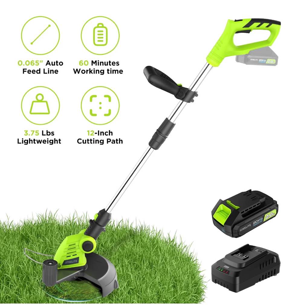 steelite 12-inch 21v cordless string trimmer, battery powered weed wacker & lightweight grass trimmer with 2.0ah battery and charger, electric weed eater for trimming and edging