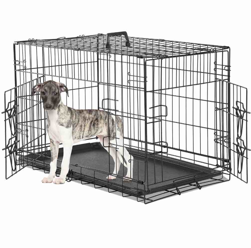 concetta 30 inch double-door folding dog crate, portable small cage with divider, leak-proof tray