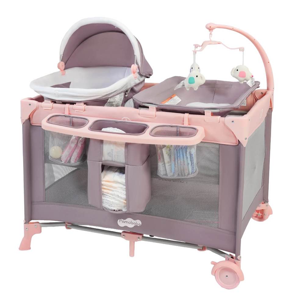 pamo babe 4-in-1 baby playard with bassinet & changing table for newborn,4-panels playpen
