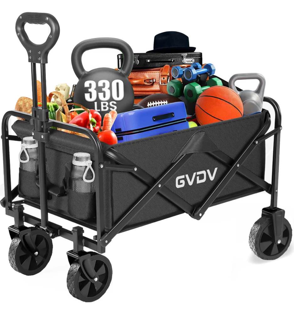 gvdv collapsible wagon cart, portable utility wagon for camping, beach, picnic, shopping, sports, and grocery transport, black