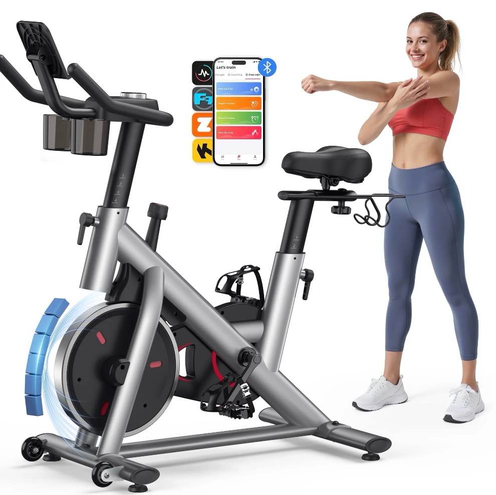 merach exercise bike, brake pad stationary bike with exclusive app, low noise indoor cycling bike with 300lbs weight capacity, tablet mount and fitness courses for weight loss