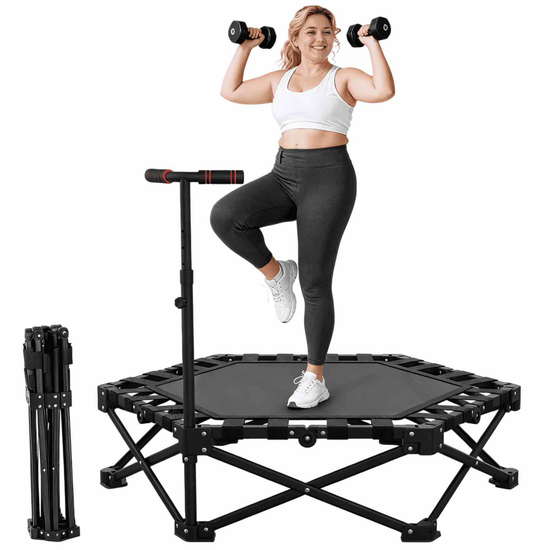 funtok 48 foldable mini trampoline 440lbs 95% assembled fitness trampoline rebounder w/ silent bungees adjustable handle exercise rebounder for adu