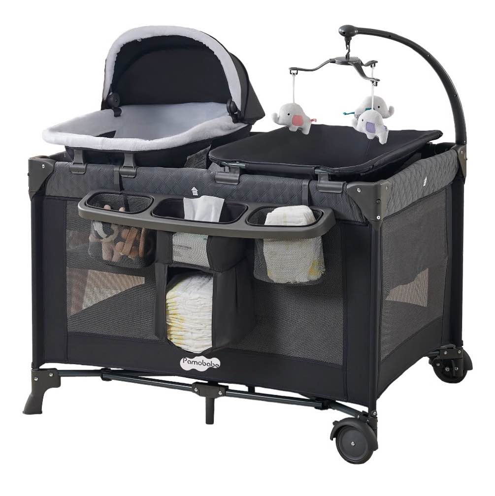 pamo babe 4-in-1 baby playard with bassinet & changing table for newborn,grey