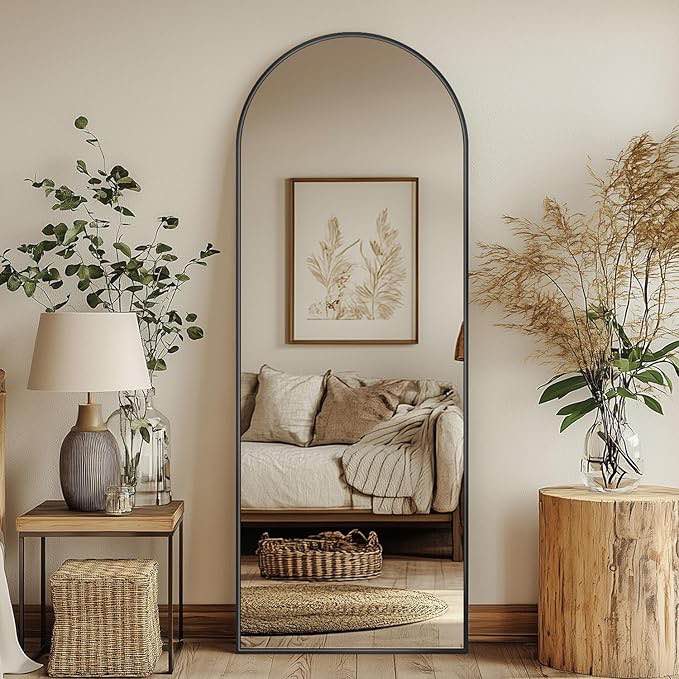 antok 68 x26 arched full length mirror with stand - black frame standing floor mirror full body mirror shatterproof freestanding/wall mount for bedroom dressing room