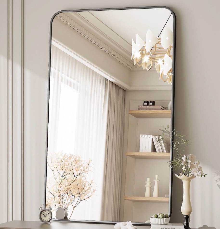 beautypeak 30"x48" wall mirror rounded corners hanging vanity mirror black