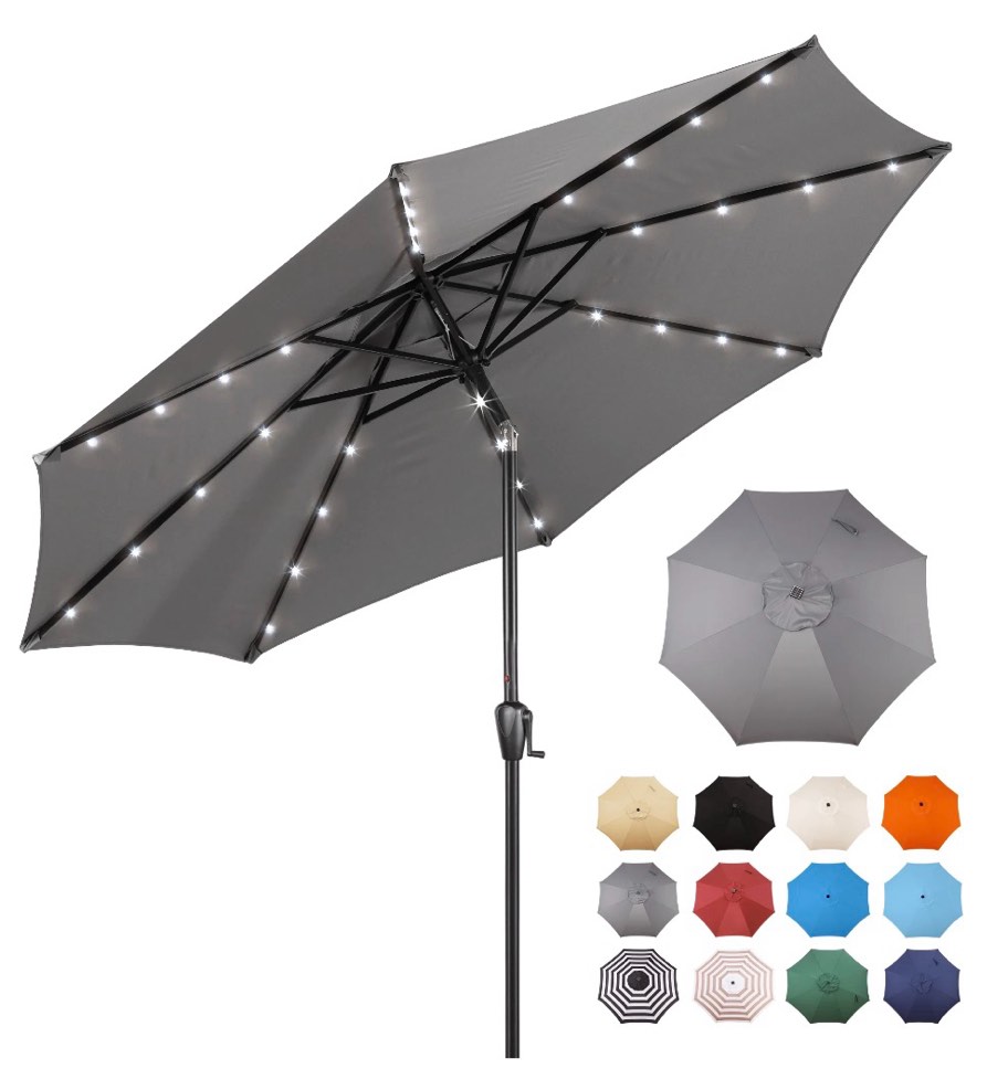 sun-ray 9 ft 32 led patio solar umbrella w/ push button tilt and crank outdoor umbrella  8 sturdy ribs  uv protection  solution-dyed fabric  grey