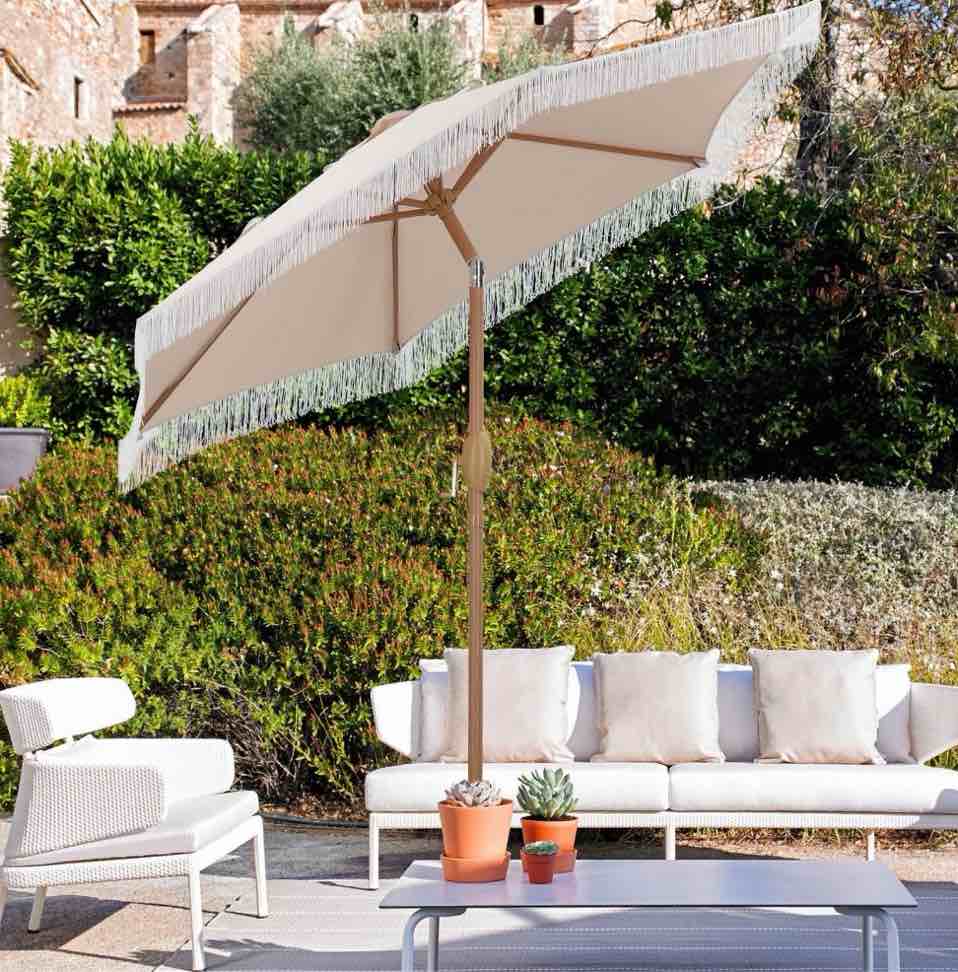 autlaycil 7.5ft tassels patio umbrella fringe outdoor table umbrella with push button tilt and crank (khaki)