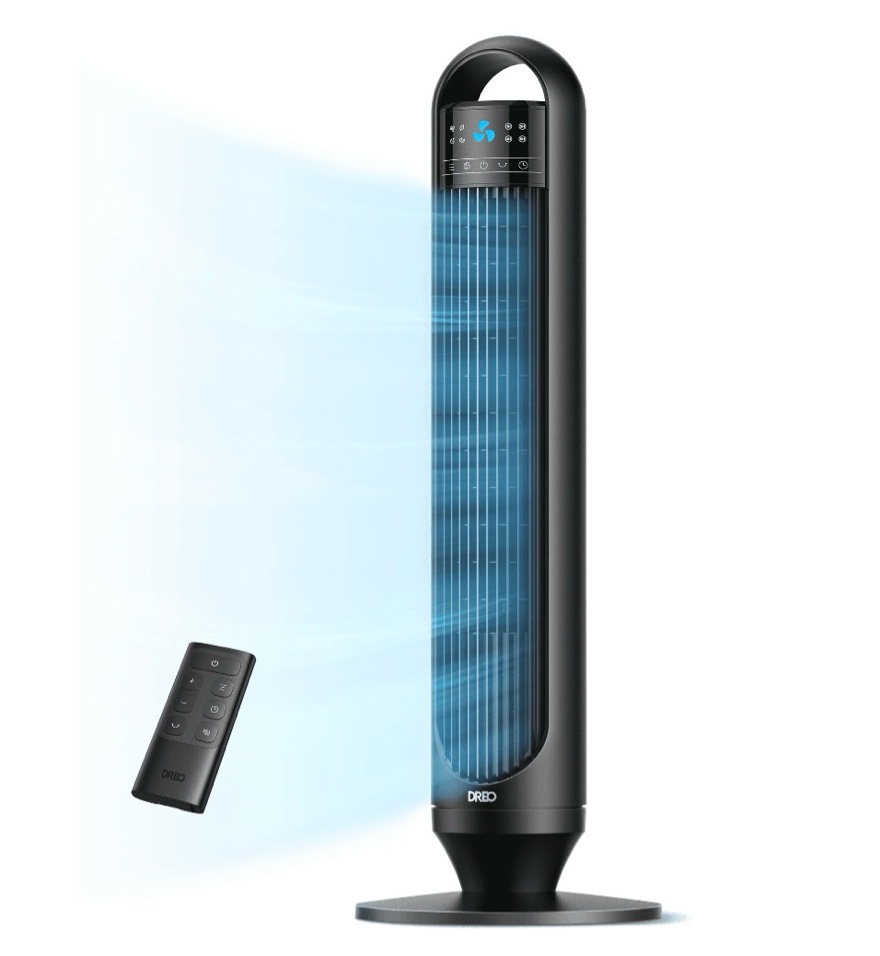 DREO Tower Fans for Home, 32" Standing Floor Fan, 26 ft/S Bladeless Fan with Remote, 90° Oscillating, 3 Modes, 3 Speeds, LED Display, 8H Timer, Quiet Room Fan