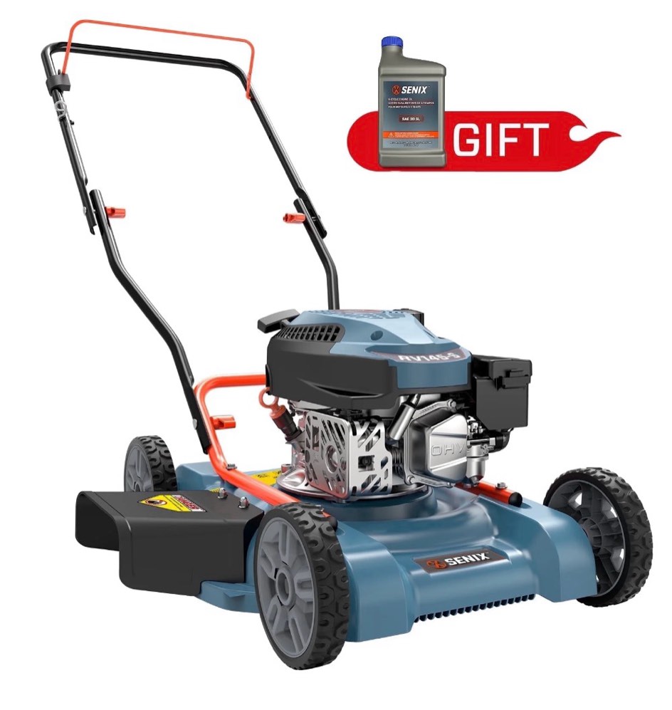 senix gas lawn mower  18in cutting blade / 19in cutting deck  144cc 4-cycle engine push mower with side discharge