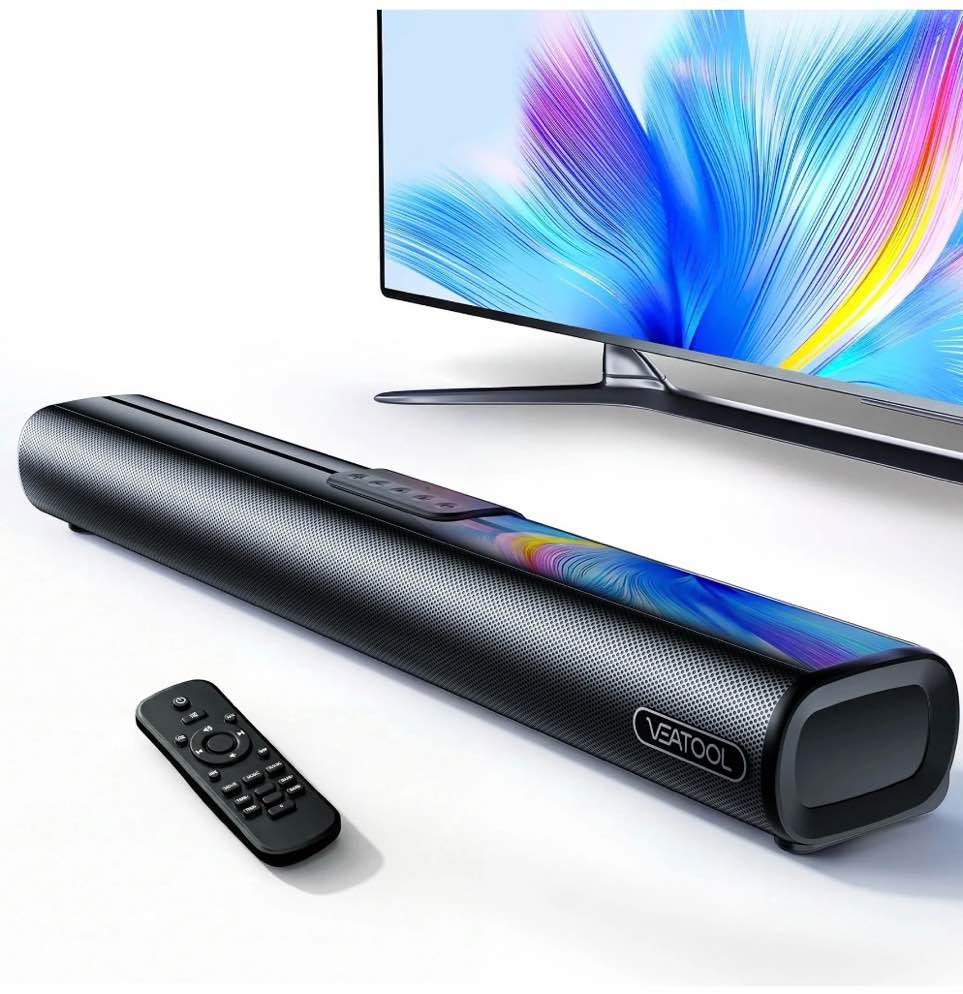 veatool 2.1ch sound bars for tv, soundbar with subwoofer, wired & wireless bluetooth 5.4 3d surround speakers, optical/hdmi/aux/rca/usb connection, wall mountable, remote control
